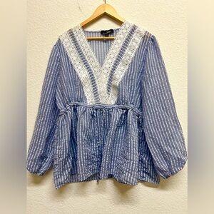 *Blue Striped Faux Wrap V Neck Lace Trim Women's Top Babydoll